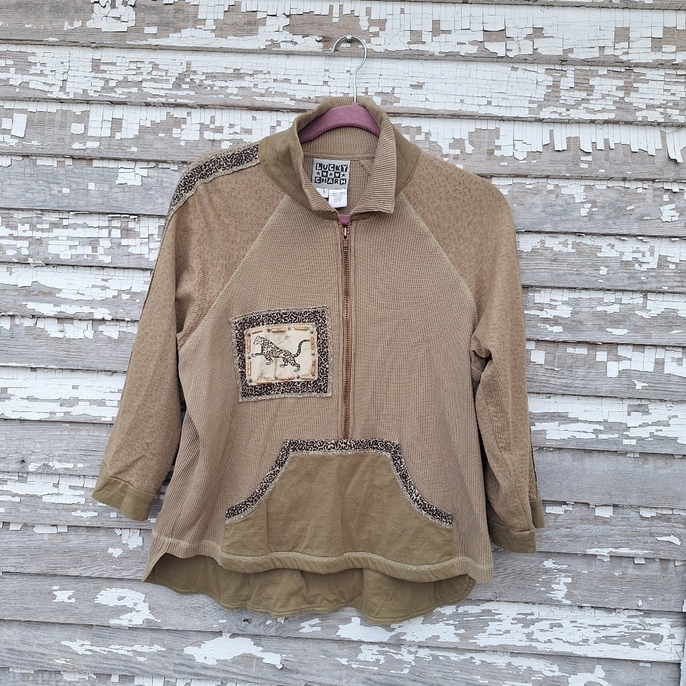 🌟 Vintage Tan Quarter-Zip Pullover with Leopard Accents Size Large